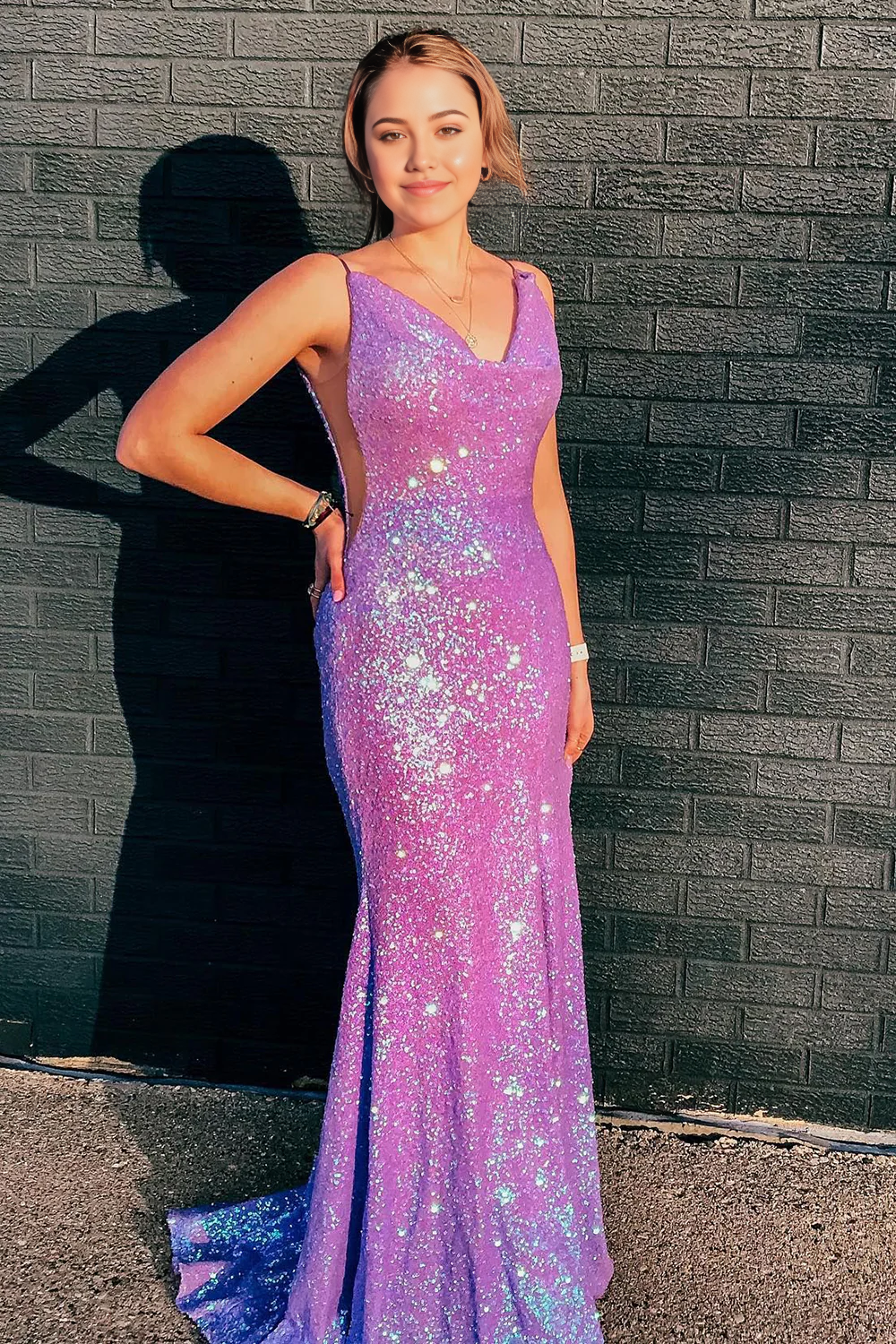 Sheath Spaghetti Straps Sweep-Brush Train Glitter formal dresses evening gown Prom Dress